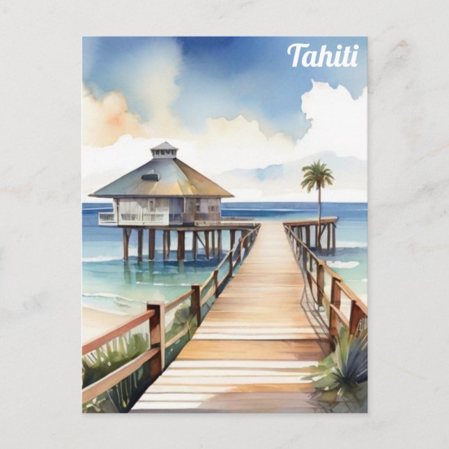 Tahiti Tropical Beach Resort Watercolor Postcard (Front)