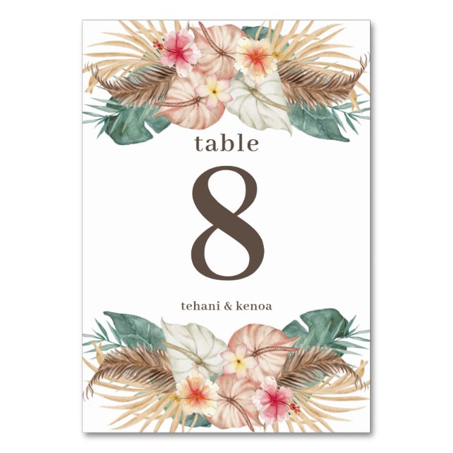Tahiti | Tropical Island Hibiscus Palm Floral Table Number (Front)