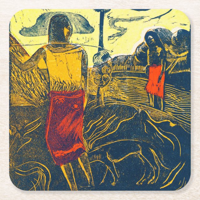 Tahitian Women and Dog, Gauguin Square Paper Coaster (Front)