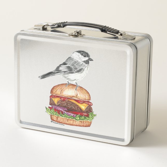 Tahoe Black Capped Chickadee Cheeseburger Bird Metal Lunch Box (Front)