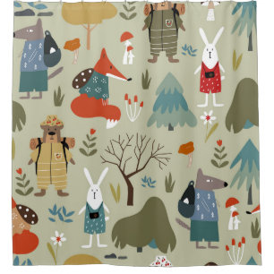 Taiga Wildlife: Vintage Kids Pattern Shower Curtain