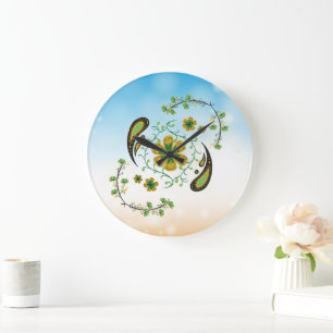 Taiji Flower Green Yellow Floral Large Clock