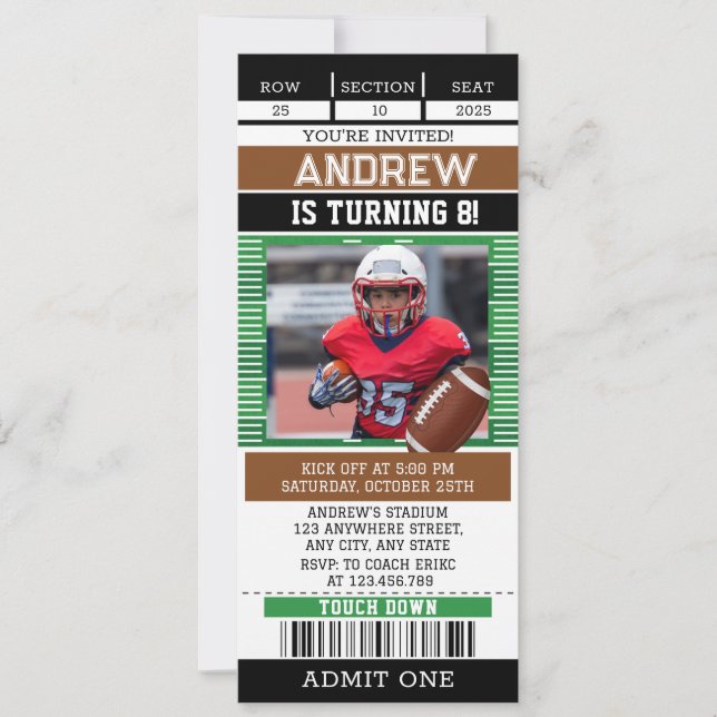 Tailored American Football Ticket with photo Invitation (Front)