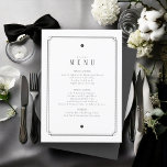 Tailored Black & White Wedding Menu White ID1090<br><div class="desc">The striking menu card shown here on a white background, provides a template to easily add your dinner selections, names and wedding date. Set a refined tone for your wedding celebrations with this minimalist design. Featuring sleek graphics that echo the refined details of a classic tuxedo, this wedding collection includes...</div>