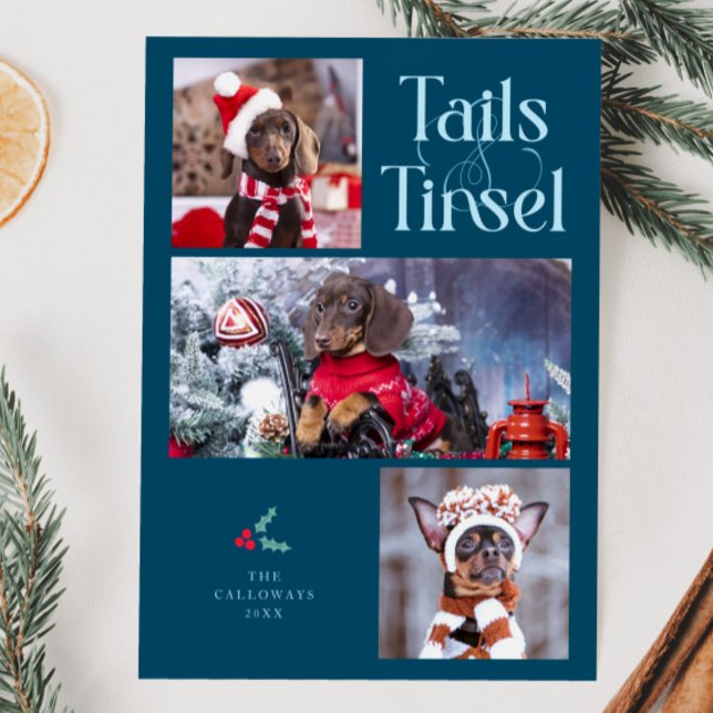 Tails & Tinsel Dog Photo Teal Christmas Holiday Card (Creator Uploaded)