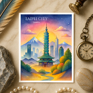 Taipei City Taiwan Skyline Watercolor Holiday Postcard