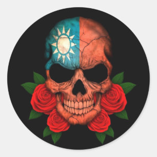 Taiwanese Flag Skull with Red Roses Classic Round Sticker