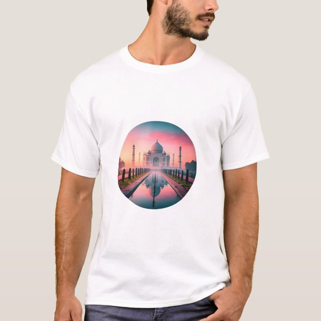 Taj Mahal at Sunrise – Dreamy Monument Reflection T-Shirt (Front)