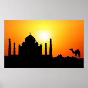 Taj Mahal & Camel On Sunset Background Poster