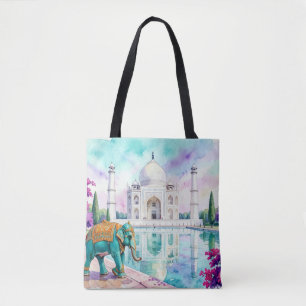 Taj Mahal & Elephant Watercolor Tote Bag