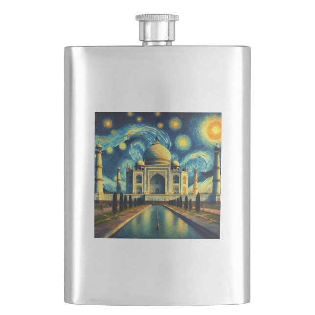 Taj Mahal India Starry Night Hip Flask (Front)
