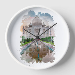 Taj Mahal India Watercolor Art Clock