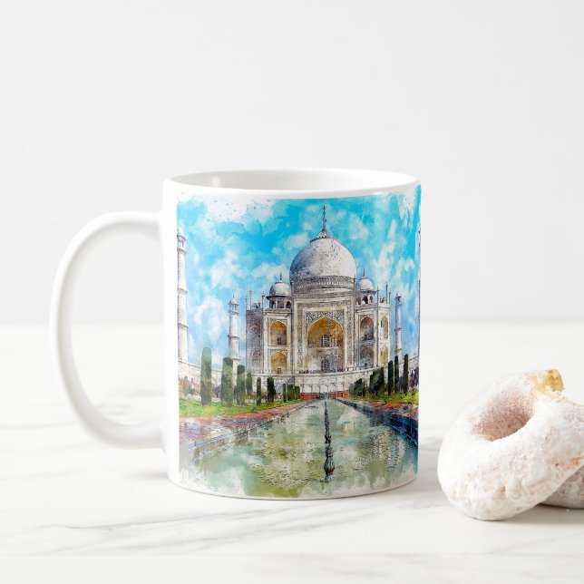 Taj mahal marble mausoleum, watercolor painting coffee mug (With Donut)