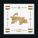 Tajikistan Map Flags Magnet<br><div class="desc">This design comprises a Tajik map within a border featuring the national flag.
The design works best on square magnets.
You may add your own text/graphics using the 'Customise it!' feature.
© 2010 FlagAndMap.
Map derived from images at: http://www.lib.utexas.edu/maps/</div>