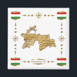 Tajikistan Map Flags Magnet<br><div class="desc">This design comprises a Tajik map within a border featuring the national flag.
The design works best on square magnets.
You may add your own text/graphics using the 'Customise it!' feature.
© 2010 FlagAndMap.
Map derived from images at: http://www.lib.utexas.edu/maps/</div>