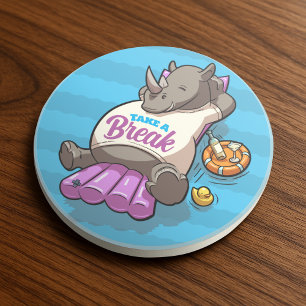 Take A Break Funny Relaxed Rhino Poolside Cartoon Coaster