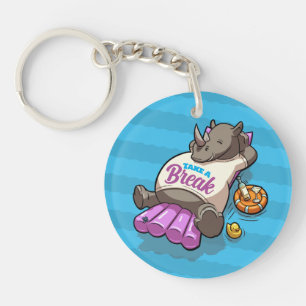Take A Break Funny Relaxed Rhino Poolside Cartoon Key Ring