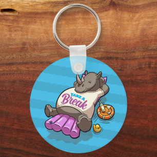 Take A Break Funny Relaxed Rhino Poolside Cartoon Key Ring