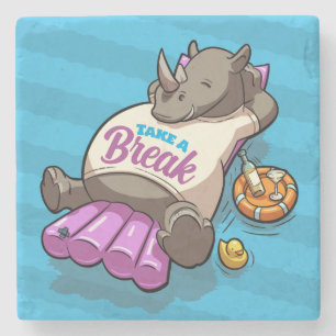 Take A Break Funny Relaxed Rhino Poolside Cartoon Stone Coaster