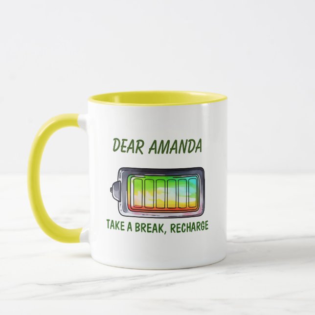 Take a break, recharge mug, name customisation mug (Left)