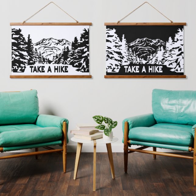Take a Hike quote monochrome mountain landscape Hanging Tapestry (Living Room)