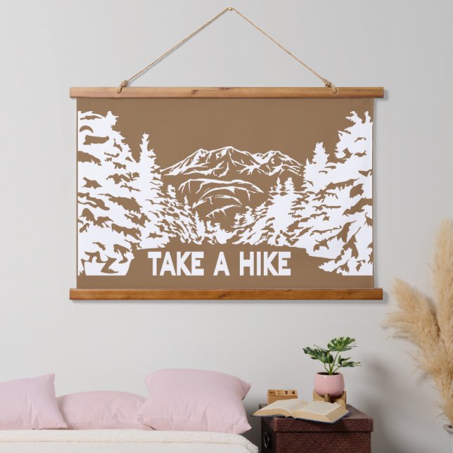 Take a Hike quote monochrome mountain landscape Hanging Tapestry (Bedroom)