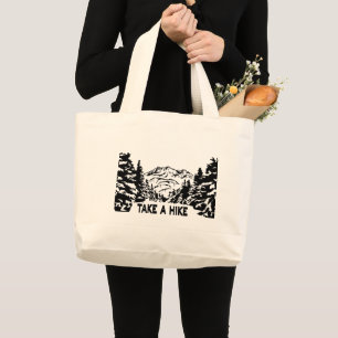 Take a Hike quote monochrome mountain landscape Large Tote Bag