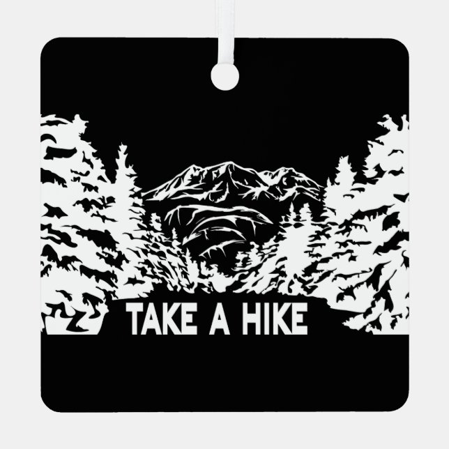 Take a Hike quote monochrome mountain landscape Metal Tree Decoration (Back)