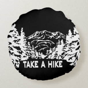 Take a Hike quote monochrome mountain landscape Round Cushion