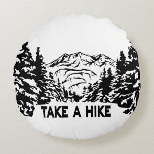 Take a Hike quote monochrome mountain landscape Round Cushion