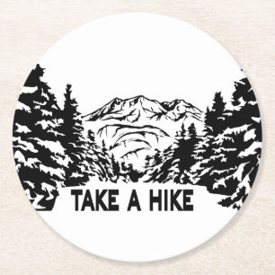 Take a Hike quote monochrome mountain landscape Round Paper Coaster
