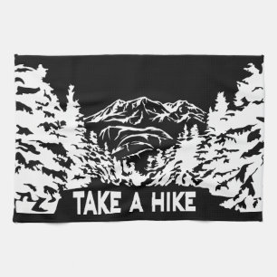 Take a Hike quote monochrome mountain landscape Tea Towel