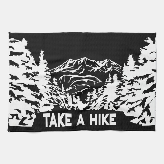 Take a Hike quote monochrome mountain landscape Tea Towel (Horizontal)