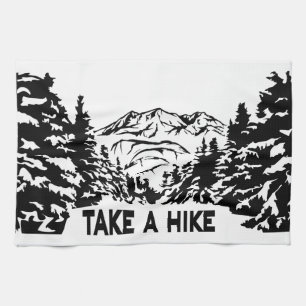 Take a Hike quote monochrome mountain landscape Tea Towel