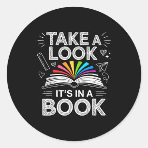 Take a look in a book chalkboard team bookworm classic round sticker