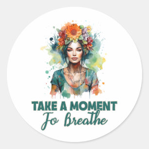 Take a Moment to Breathe Zen Flowers Yoga Girl Classic Round Sticker