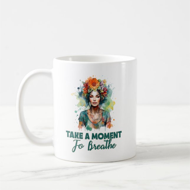 Take a Moment to Breathe Zen Flowers Yoga Girl Coffee Mug (Left)