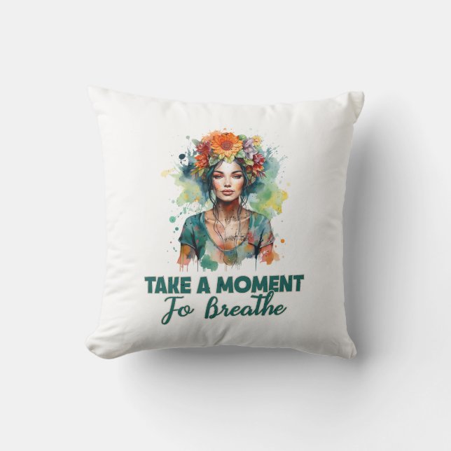 Take a Moment to Breathe Zen Flowers Yoga Girl Cushion (Front)