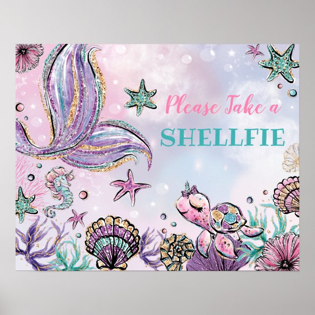 Take a Shellfie - Pink Purple Mermaid Party Selfie Poster (Front)