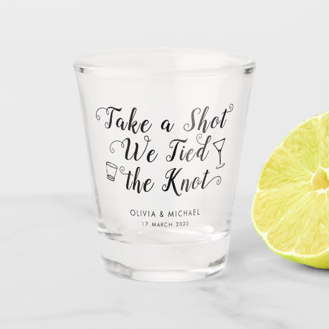 Take A Shot Tied the Knot Wedding Drink Favour Glass (Front)