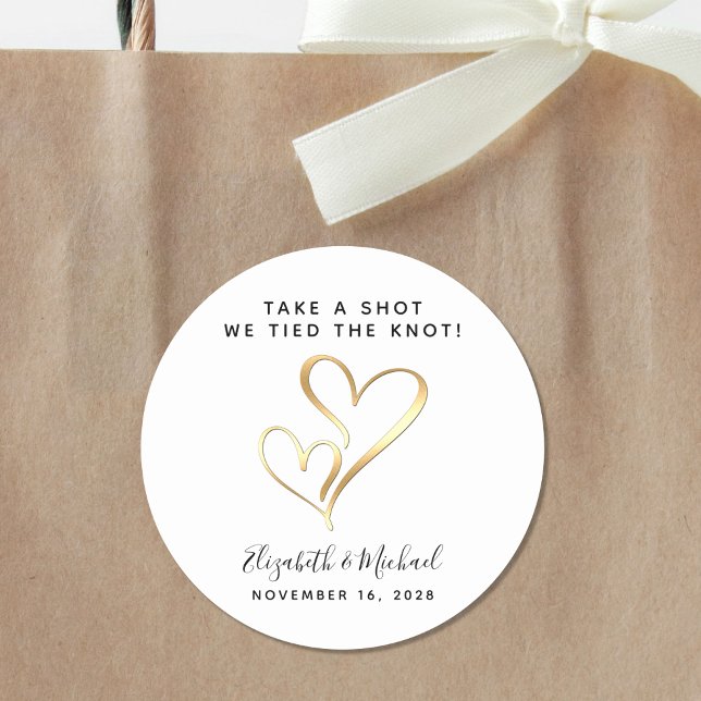 Take A Shot We Tied The Knot Wedding Favor Classic Round Sticker (Creator Uploaded)