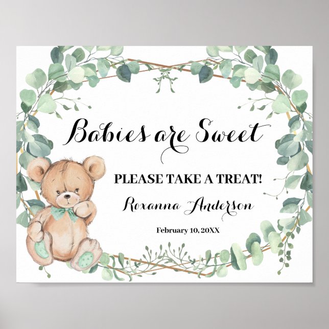 Take a Treat Baby Shower Bear Greenery Gold Sign (Front)