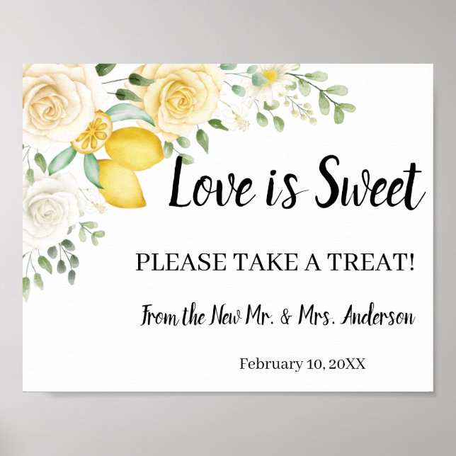 Take a Treat Bridal Shower Wedding Lemons & Roses Poster (Front)