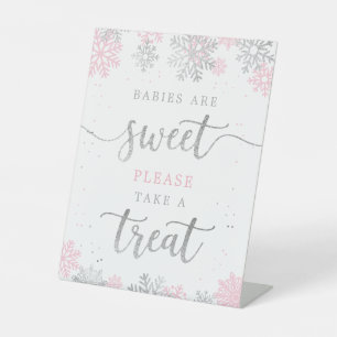 Take A Treat Pink Silver Winter Baby Shower Pedestal Sign