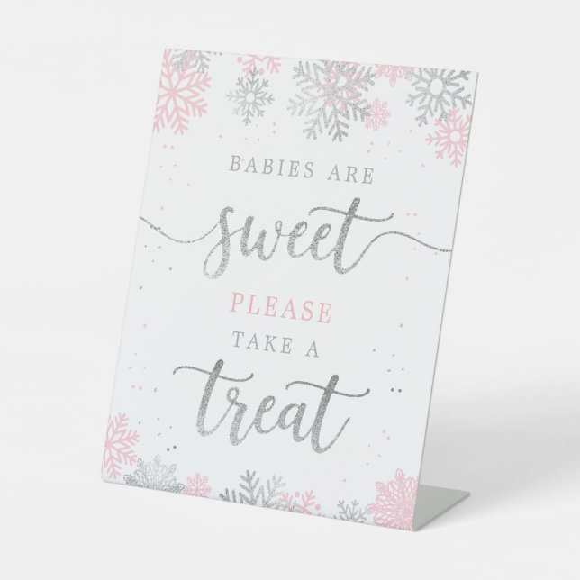 Take A Treat Pink Silver Winter Baby Shower Pedestal Sign (Front)