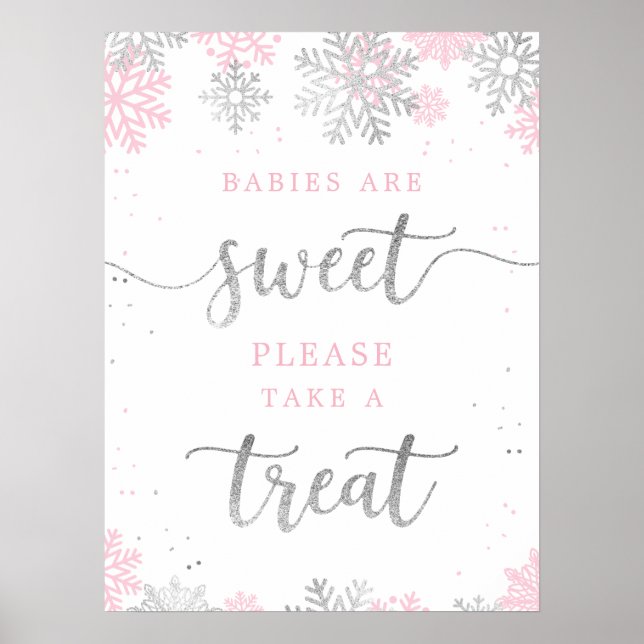 Take A Treat Pink Silver Winter Baby Shower Poster (Front)