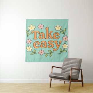 "Take Easy": Positive Retro Floral Illustration Tapestry
