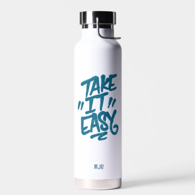 Take It Easy Blue Text Modern Thor Insulated Water Bottle (Left)