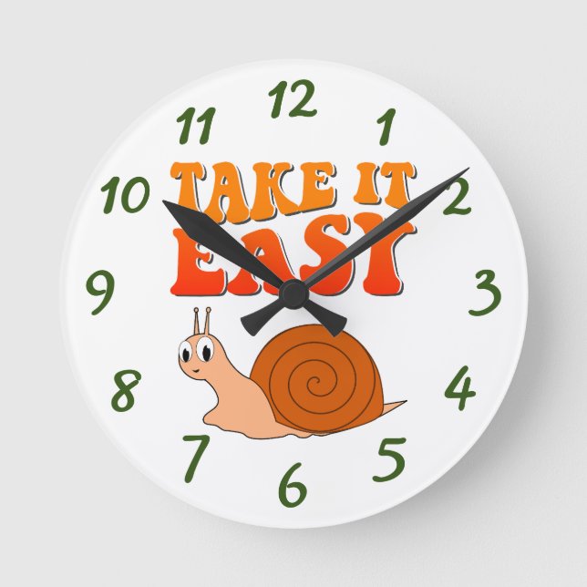 Take It Easy Cute Cartoon Snail Groovy Text Round Clock (Front)