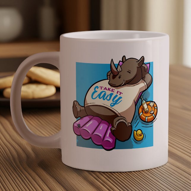 Take It Easy Relaxed Rhino Funny Pool Cartoon Large Coffee Mug (Creator Uploaded)